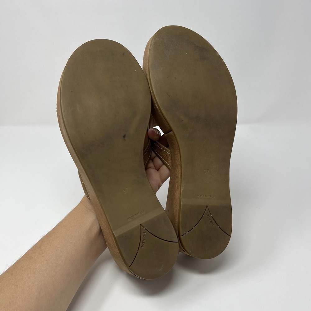 Vintage Prada 90s Y2K Brown Tan Triangle Logo Platform Wedge Thong Sandals 37 7 - Picture 9 of 10